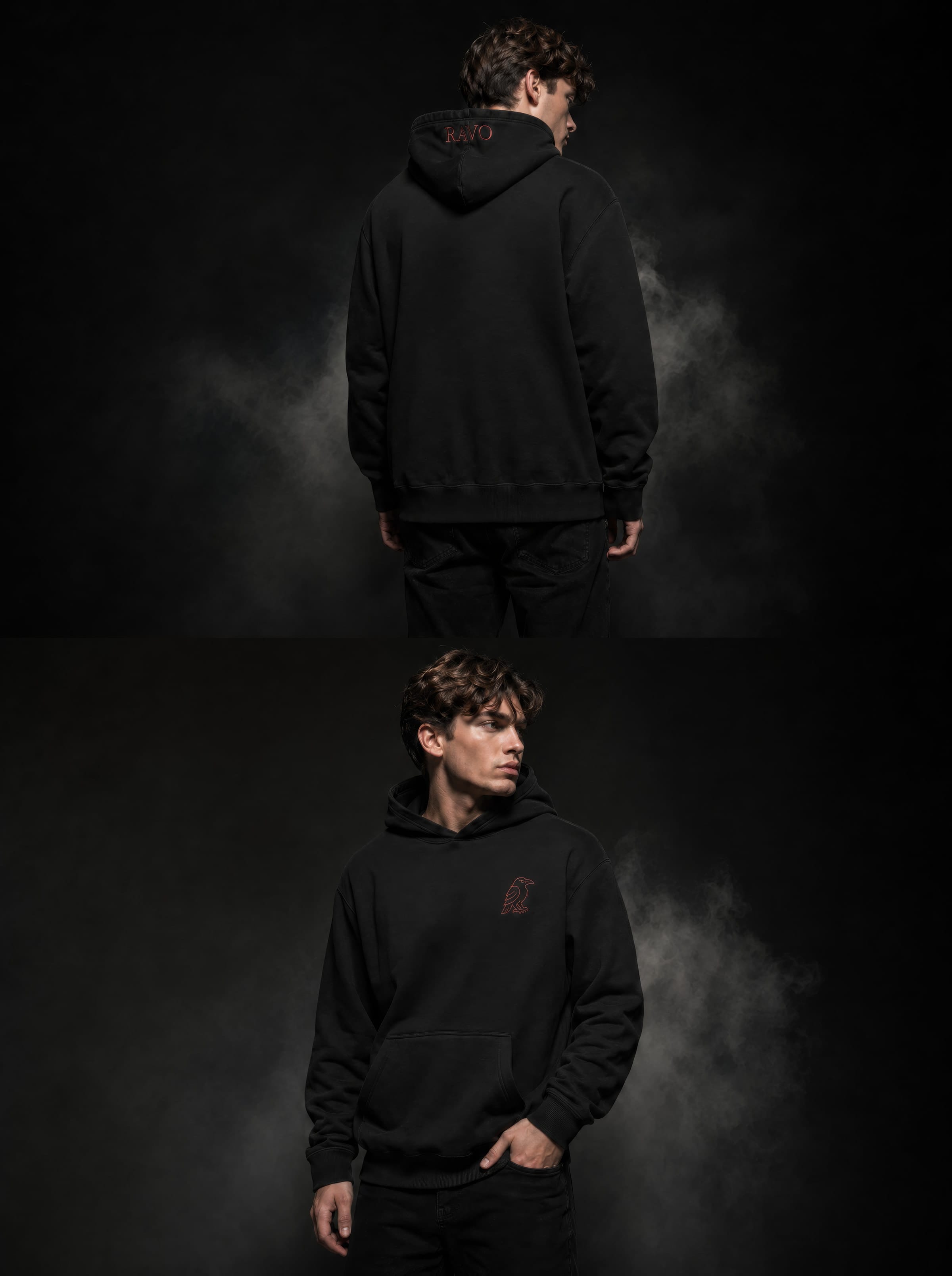 Model wearing RAVO Embroidered Raven Hoodie — front and back